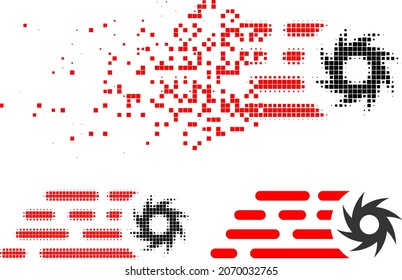 Zerstörtes Punktrush-Kreissägepiktogramm mit Halbtonversion. Zerstörungseffekt eines Vektorgrafik-Piktogramms für den rustikalen Anstrich.