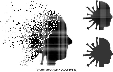 Destructed dotted coronavirus man head icon with halftone version. Vector wind effect for coronavirus man head icon.