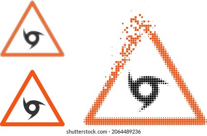 Destructed dotted cyclone warning icon with halftone version. Vector wind effect for cyclone warning icon. Pixelated dissipation effect for cyclone warning reproduces motion of virtual things.