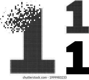 Destructed dotted digit one pictogram with halftone version. Vector destruction effect for digit one icon. Pixel integration effect for digit one gives speed of cyberspace world.