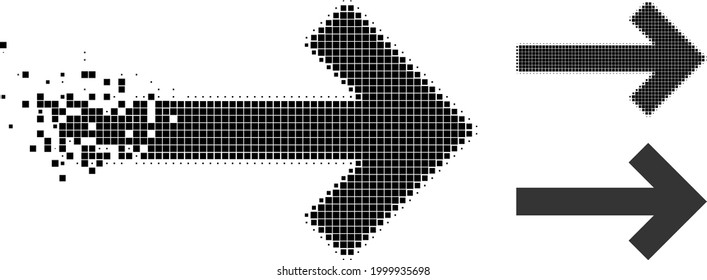 Pictograma de flecha de dirección de puntos destruido con versión de semitono. Efecto del viento del vector para el pictograma de flecha de dirección. El efecto de disolución de píxeles para la flecha de dirección da velocidad al mundo del ciberespacio.