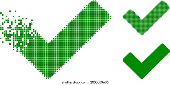 Destructed dotted OK sign pictogram with halftone version. Vector destruction effect for OK sign pictogram. Pixel creation effect for OK sign gives movement of virtual things.