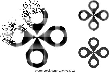 Destructed dotted quadrocopter icon with halftone version. Vector destruction effect for quadrocopter icon. Pixel disintegrating effect for quadrocopter shows speed of virtual abstractions.
