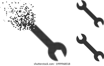 Destructed dotted spanner pictogram with halftone version. Vector wind effect for spanner icon. Pixelated disappearing effect for spanner demonstrates movement of cyberspace matter.
