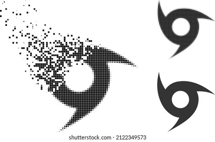 Destructed dotted tornado pictogram with halftone version. Vector wind effect for tornado pictogram. Pixelated dissipating effect for tornado reproduces speed of virtual matter.