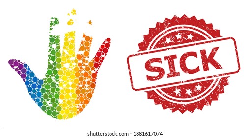 Destructed hand collage icon of round dots in various sizes and spectrum color tinges, and Sick scratched rosette seal imitation. A dotted LGBT-colored Destructed hand for lesbians, gays,