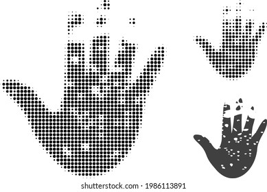 Destructed hand halftone dotted icon. Halftone array contains circle dots. Vector illustration of destructed hand icon on a white background.