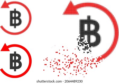 Destructed pixelated bitcoin refund glyph with halftone version. Vector wind effect for bitcoin refund icon. Pixelated explosion effect for bitcoin refund gives speed of virtual concepts.