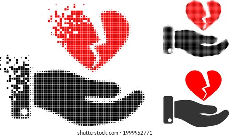 Destructed pixelated break heart offer icon with halftone version. Vector wind effect for break heart offer pictogram.