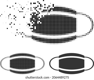 Destructed pixelated coronavirus mask icon with halftone version. Vector destruction effect for coronavirus mask symbol.