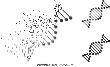 Icono de molécula de ADN pixelado destruida con versión de semitono. Efecto del viento vectorial para el icono de la molécula de ADN. El efecto de disipación pixelada de la molécula de ADN da velocidad a la materia del ciberespacio.