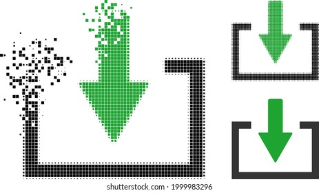 Destructed pixelated download icon with halftone version. Vector destruction effect for download icon. Pixelated dispersing effect for download demonstrates speed of virtual concepts.