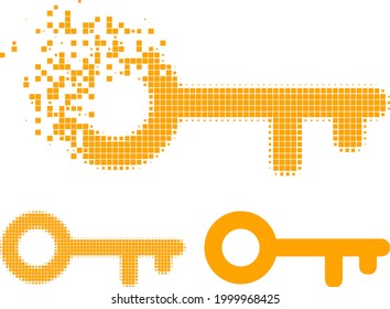 Pictograma de clave pixelado destruido con versión de semitono. Efecto de destrucción de vectores para el pictograma clave. El efecto de creación pixelado para clave muestra el movimiento de los conceptos del ciberespacio.