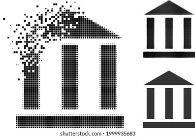 Destructed pixelated library building icon with halftone version. Vector wind effect for library building icon. Pixelated explosion effect for library building reproduces speed of virtual world.