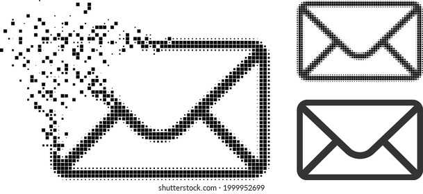 Destructed pixelated mail envelope glyph with halftone version. Vector destruction effect for mail envelope pictogram.