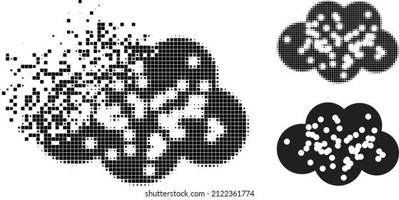 Destructed pixelated powder cloud pictogram with halftone version. Vector wind effect for powder cloud pictogram. Pixelated explosion effect for powder cloud demonstrates motion of cyberspace things.