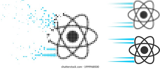 Destructed pixelated rush atom pictogram with halftone version. Vector destruction effect for rush atom pictogram. Pixel creation effect for rush atom reproduces motion of cyberspace abstractions.