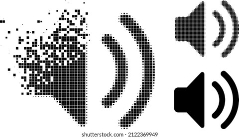Destructed pixelated sound source icon with halftone version. Vector destruction effect for sound source symbol. Pixelated dematerialization effect for sound source shows speed of virtual world.