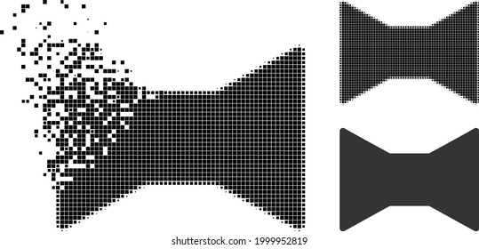 Glifo de arco de corbata pixelado con versión de semitono. Efecto de destrucción de vectores para el icono de la corbata. El efecto de desaparición de píxeles para el lazo de corbata reproduce el movimiento de las cosas virtuales.