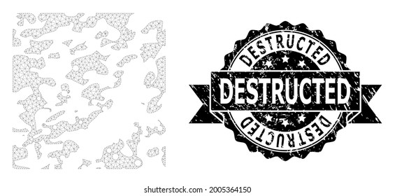 Impresión de sellos de caucho destruidos y estructura de malla vectorial destruida. El sello negro tiene texto Destructed dentro de cinta y rosette. Resumen de malla plana destruida, construida a partir de malla plana.