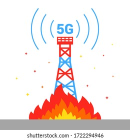 the destruction of the 5G tower. set fire to Internet equipment. flat vector illustration.