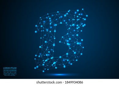 The destruction of the abstract font of English letters consists 3d of triangles, lines, dots and connections. On a dark blue background cosmic universe stars, meteorites, galaxies. Vector eps 10.