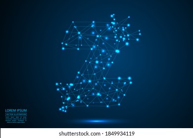 The destruction of the abstract font of English letters consists 3d of triangles, lines, dots and connections. On a dark blue background cosmic universe stars, meteorites, galaxies. Vector eps 10.