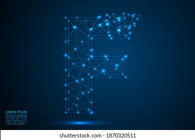 The destruction of the abstract font of English letters consists 3d of triangles, lines, dots and connections. On a dark blue background cosmic universe stars, meteorites, galaxies. Vector eps 10.