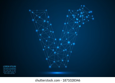 The destruction of the abstract font of English letters consists 3d of triangles, lines, dots and connections. On a dark blue background cosmic universe stars, meteorites, galaxies. Vector eps 10.