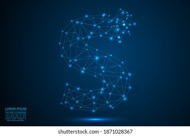 The destruction of the abstract font of English letters consists 3d of triangles, lines, dots and connections. On a dark blue background cosmic universe stars, meteorites, galaxies. Vector eps 10.