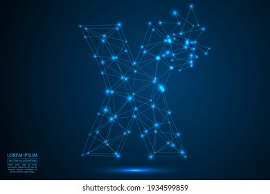 The destruction of the abstract font of English letters consists 3d of triangles, lines, dots and connections. On a dark blue background cosmic universe stars, meteorites, galaxies. Vector eps 10.