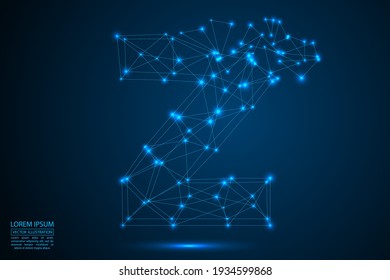 The destruction of the abstract font of English letters consists 3d of triangles, lines, dots and connections. On a dark blue background cosmic universe stars, meteorites, galaxies. Vector eps 10.