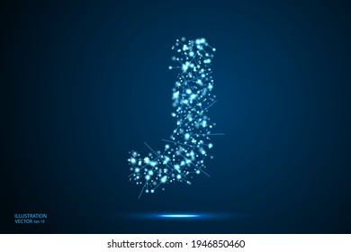 The destruction of the abstract font of  letters consists 3d of triangles, lines, dots and connections. On a dark blue background cosmic universe stars, meteorites, galaxies. Vector eps 10.