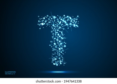 The destruction of the abstract font of  letters consists 3d of triangles, lines, dots and connections. On a dark blue background cosmic universe stars, meteorites, galaxies. Vector eps 10.