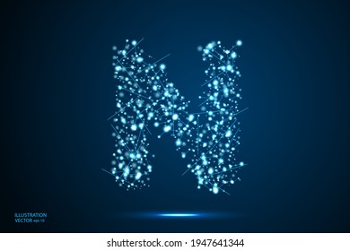 The destruction of the abstract font of  letters consists 3d of triangles, lines, dots and connections. On a dark blue background cosmic universe stars, meteorites, galaxies. Vector eps 10.