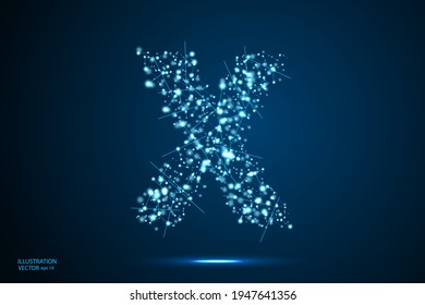 The destruction of the abstract font of  letters consists 3d of triangles, lines, dots and connections. On a dark blue background cosmic universe stars, meteorites, galaxies. Vector eps 10.
