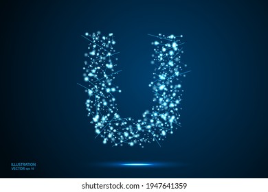 The destruction of the abstract font of  letters consists 3d of triangles, lines, dots and connections. On a dark blue background cosmic universe stars, meteorites, galaxies. Vector eps 10.