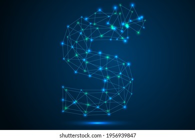 The destruction of the abstract font of  letters consists 3d of triangles, lines, dots and connections. On a dark blue background cosmic universe stars, meteorites, galaxies. Vector eps 10.
