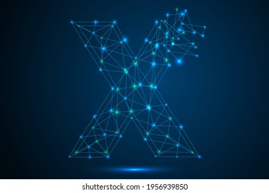 The destruction of the abstract font of  letters consists 3d of triangles, lines, dots and connections. On a dark blue background cosmic universe stars, meteorites, galaxies. Vector eps 10.