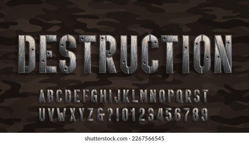 Destruction alphabet font. Rusted metal letters and numbers with bullet marks. Camo background. Stock vector typescript for your design.