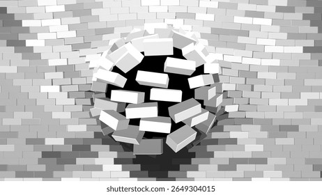 Destruição de uma parede de tijolos. 3D Quebrando Parede de Tijolo Estilo de Desenho Animado Geométrico Simples. Parede Sendo Quebrada Ou Rompendo. Fundo abstrato da destruição. Vetor.