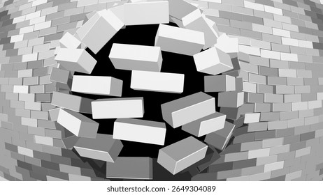 Destruição de uma parede de tijolos. 3D Quebrando Parede de Tijolo Estilo de Desenho Animado Geométrico Simples. Parede Sendo Quebrada Ou Rompendo. Fundo abstrato da destruição. Vetor.