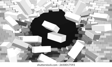 Destruição de uma parede de tijolos. 3D Quebrando Parede de Tijolo Estilo de Desenho Animado Geométrico Simples. Parede Sendo Quebrada Ou Rompendo. Fundo abstrato da destruição. Vetor.