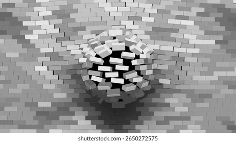 Destruição de uma parede de tijolos. 3D Quebrando Parede de Tijolo Estilo de Desenho Animado Geométrico Simples. Parede Sendo Quebrada Ou Rompendo. Fundo abstrato da destruição. Vetor.
