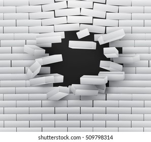 Destruction of a Brick Wall. 3D Breaking Brick Wall. Wall Being Smashed or Breaking Apart. Destruction Abstract Background. Vector.