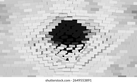 Conceito de destruição com tijolos brancos explodindo da parede sobre fundo preto, simbolizando avanço, impacto ou colapso. Ilustração de vetor.