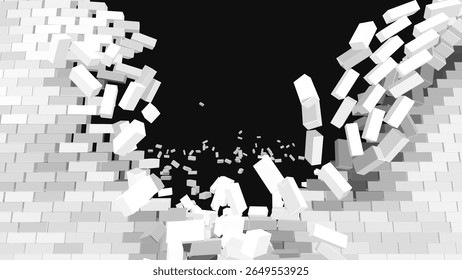 Conceito de destruição com tijolos brancos explodindo da parede sobre fundo preto, simbolizando avanço, impacto ou colapso. Ilustração de vetor.