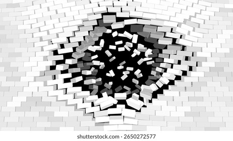 Destruction Concept with White Bricks Exploding from Wall on Black Background, Symbolizing Breakthrough, Impact, or Collapse. Vector Illustration.