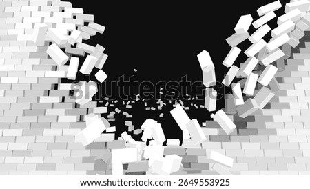 Destruction Concept with White Bricks Exploding from Wall on Black Background, Symbolizing Breakthrough, Impact, or Collapse. Vector Illustration.
