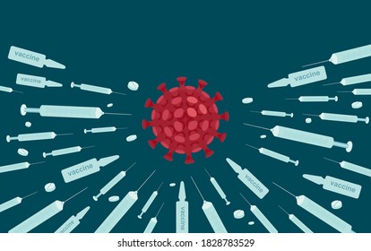 Destruction of coronavirus cell with an injection of a syringe containing the anti coronavirus vaccine. Concept of the invention of a vaccine against coronaviruses and victory over coronavirus. Flat v